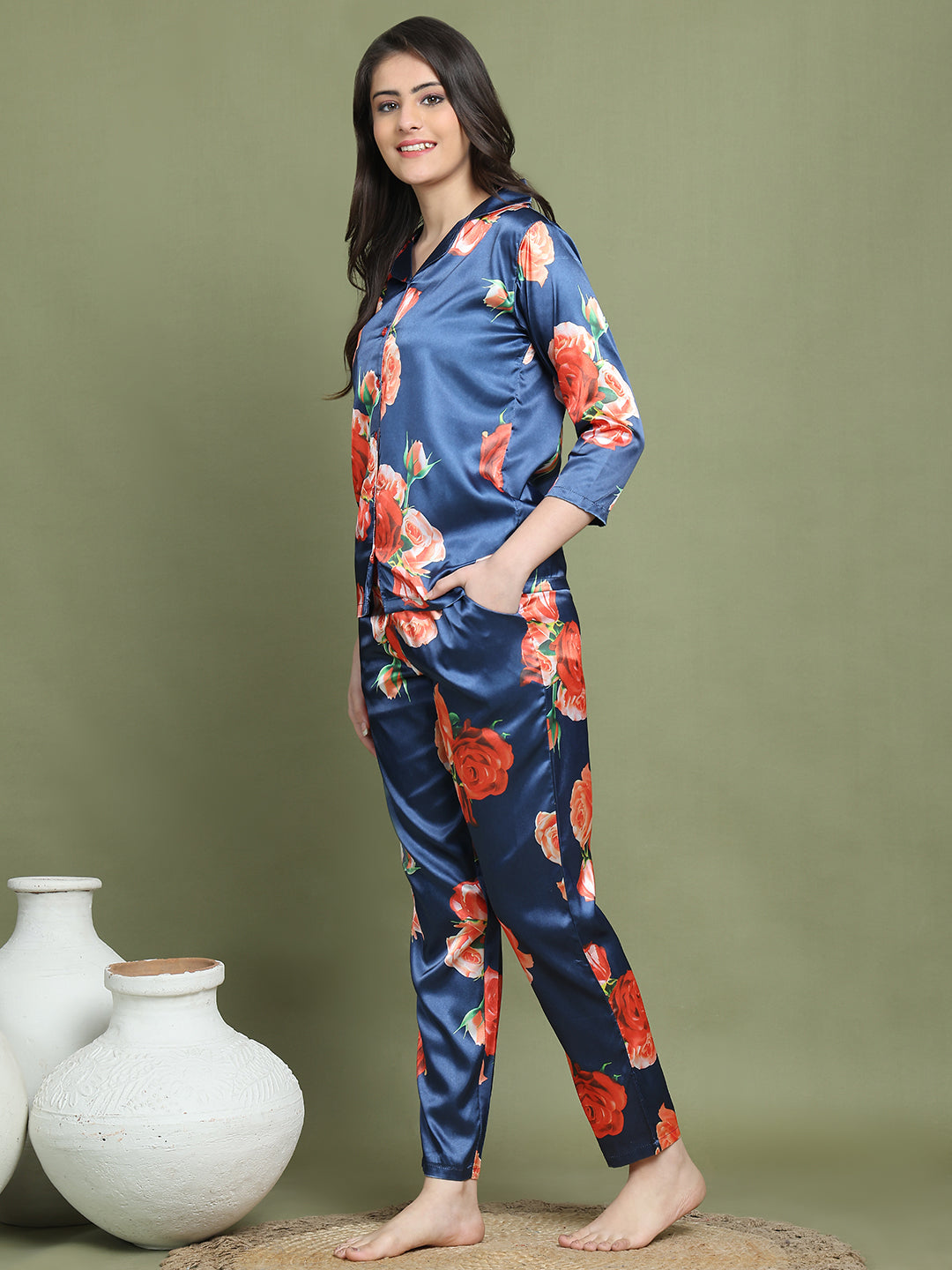 Blue Floral Printed Satin Night Suit for Women by Claura

