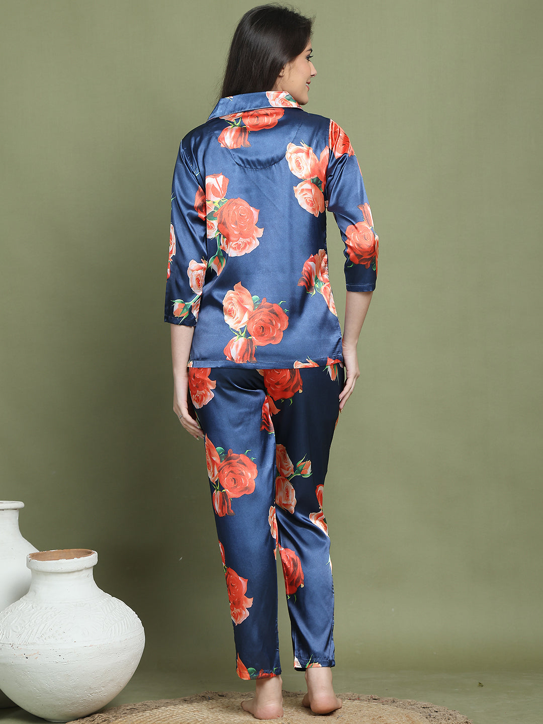 Blue Floral Printed Satin Night Suit for Women by Claura

