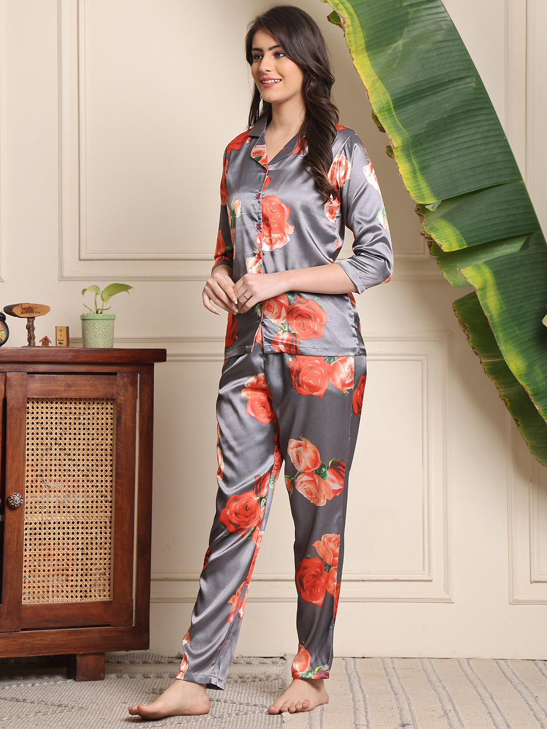 Grey Floral Printed Satin Night Suit for Women by Claura

