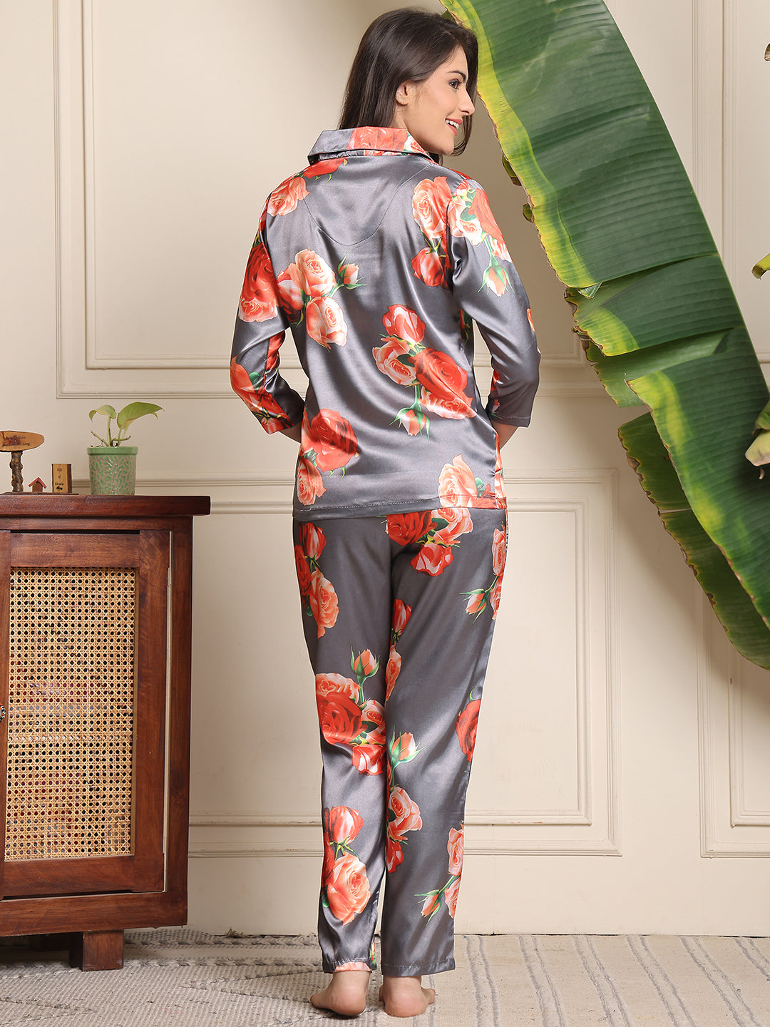 Grey Floral Printed Satin Night Suit for Women by Claura

