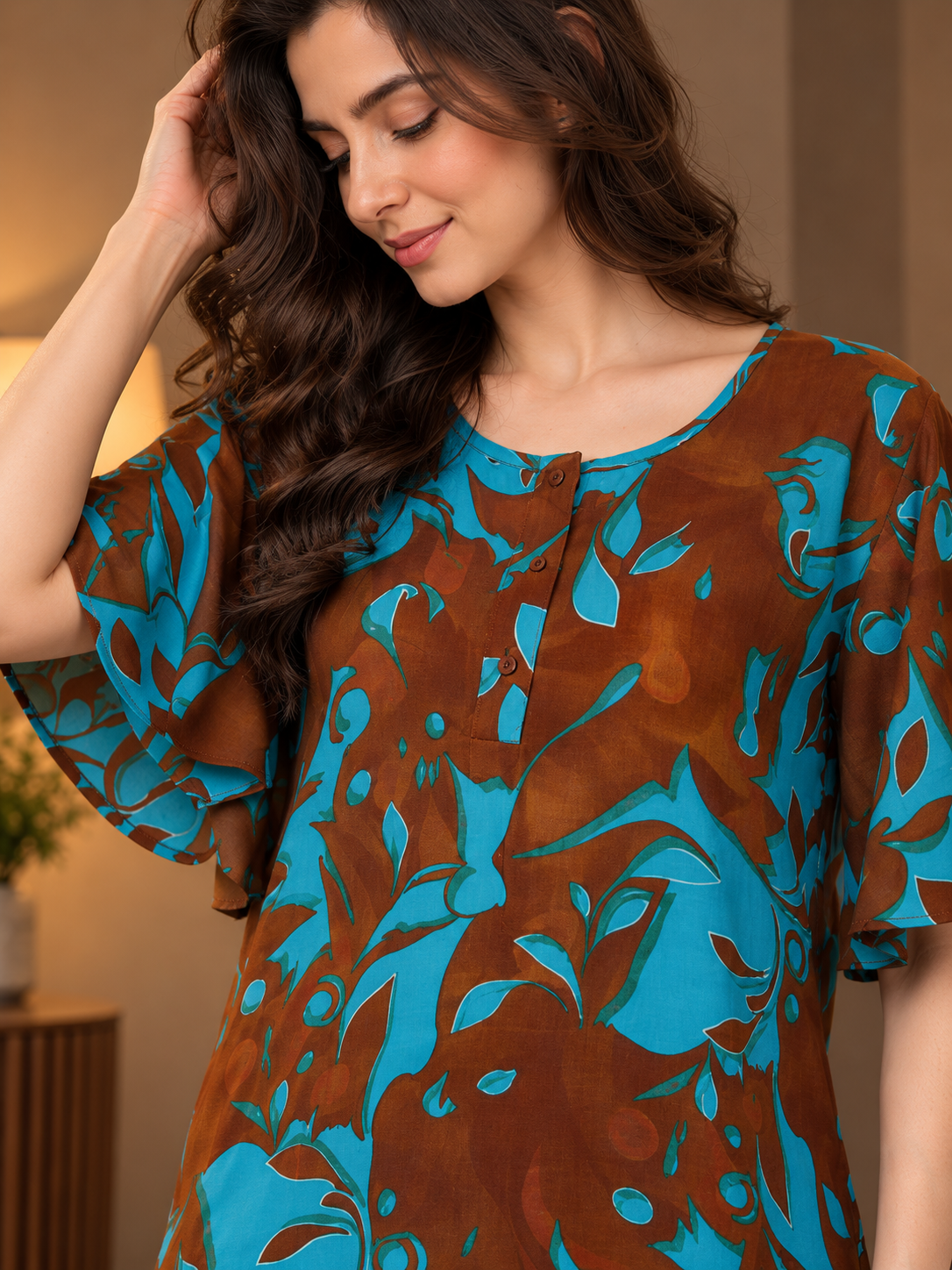 Blue Floral Print Short Sleeve Maxi Nightdress | Claura