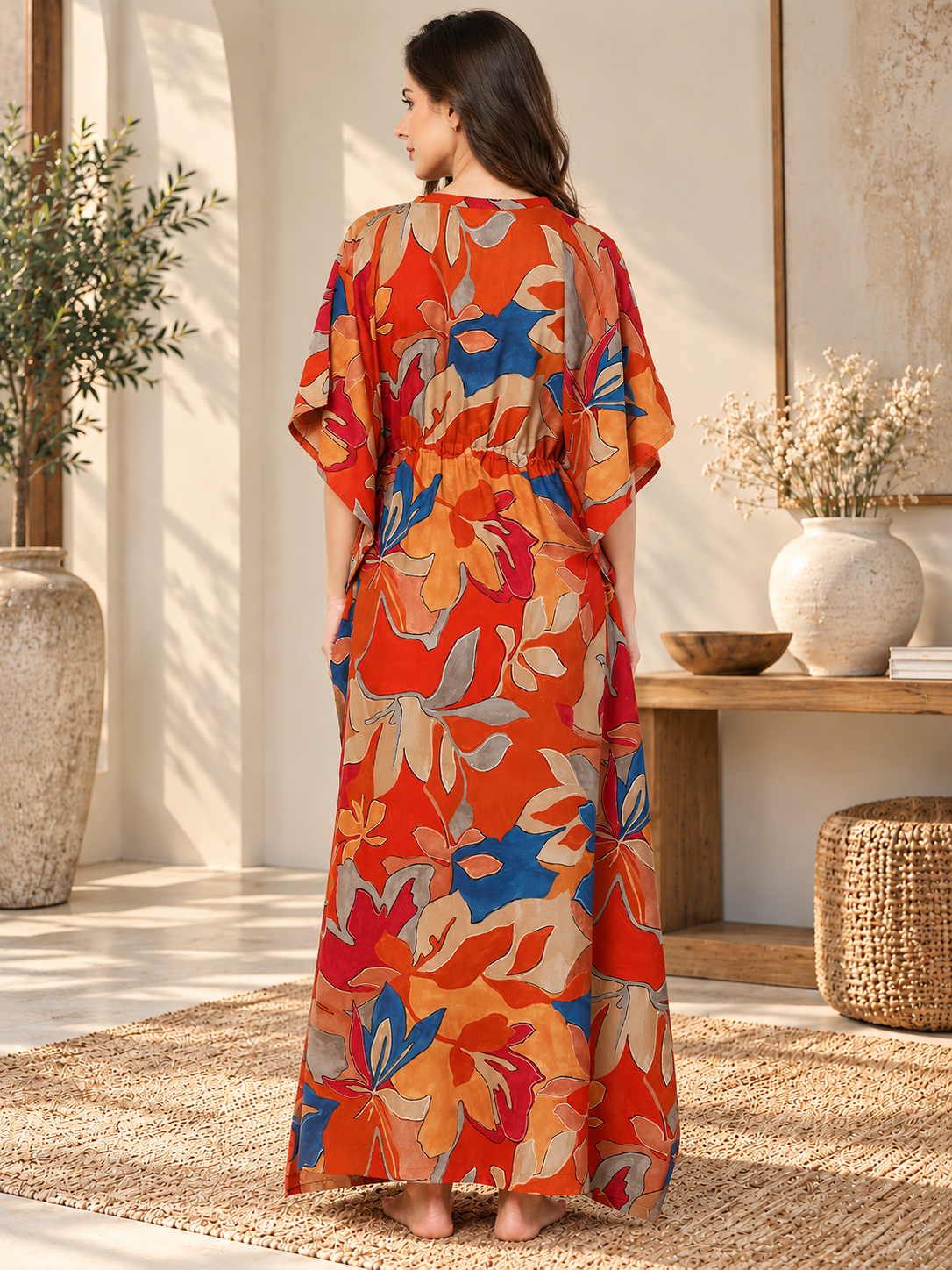 Orange Color Abstract Printed Viscose Rayon Kaftan | Claura