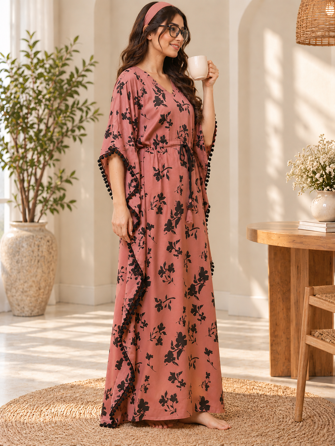 Rust Floral Rayon Kaftan Dress for Women | Claura
