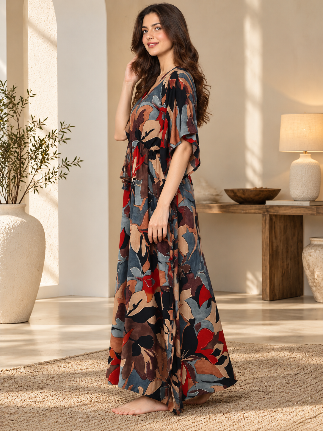 Black Color Abstract Printed Viscose Rayon Kaftan | Claura