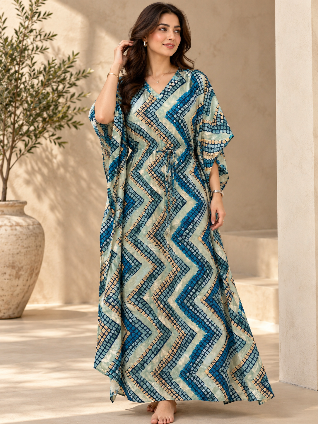 Blue Geometric Print V-Neck Kaftan Maxi Dress For Women | Claura