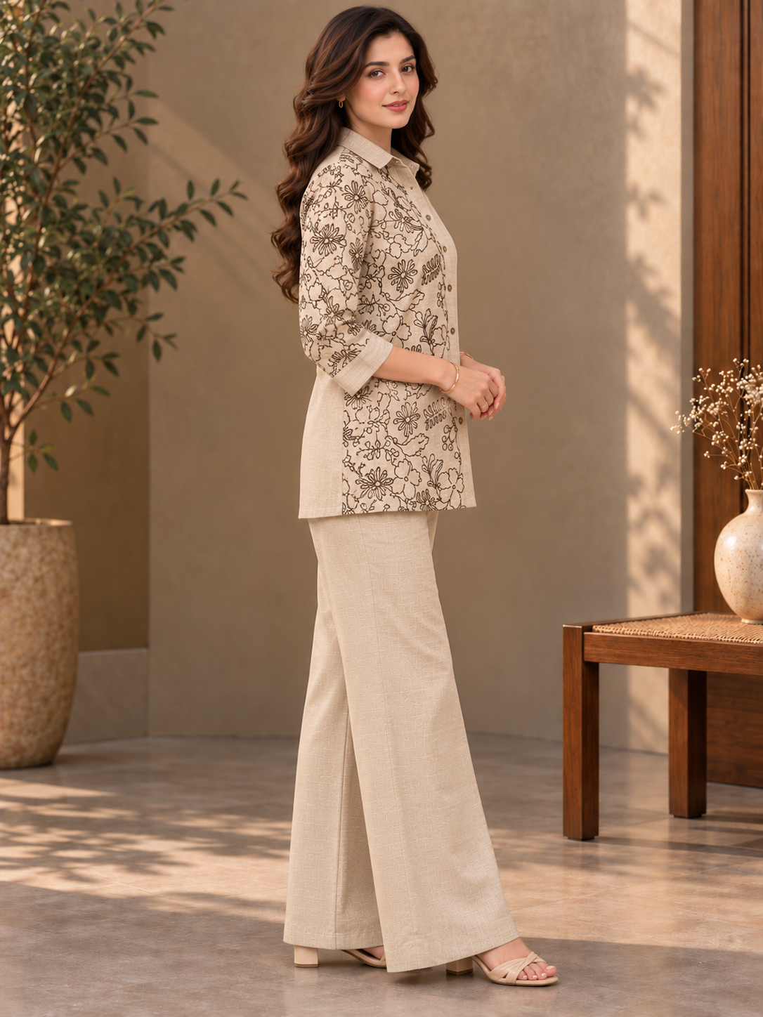Cream & Brown Floral Embroidered Linen Tunic with Straight-Leg Palazzo Set