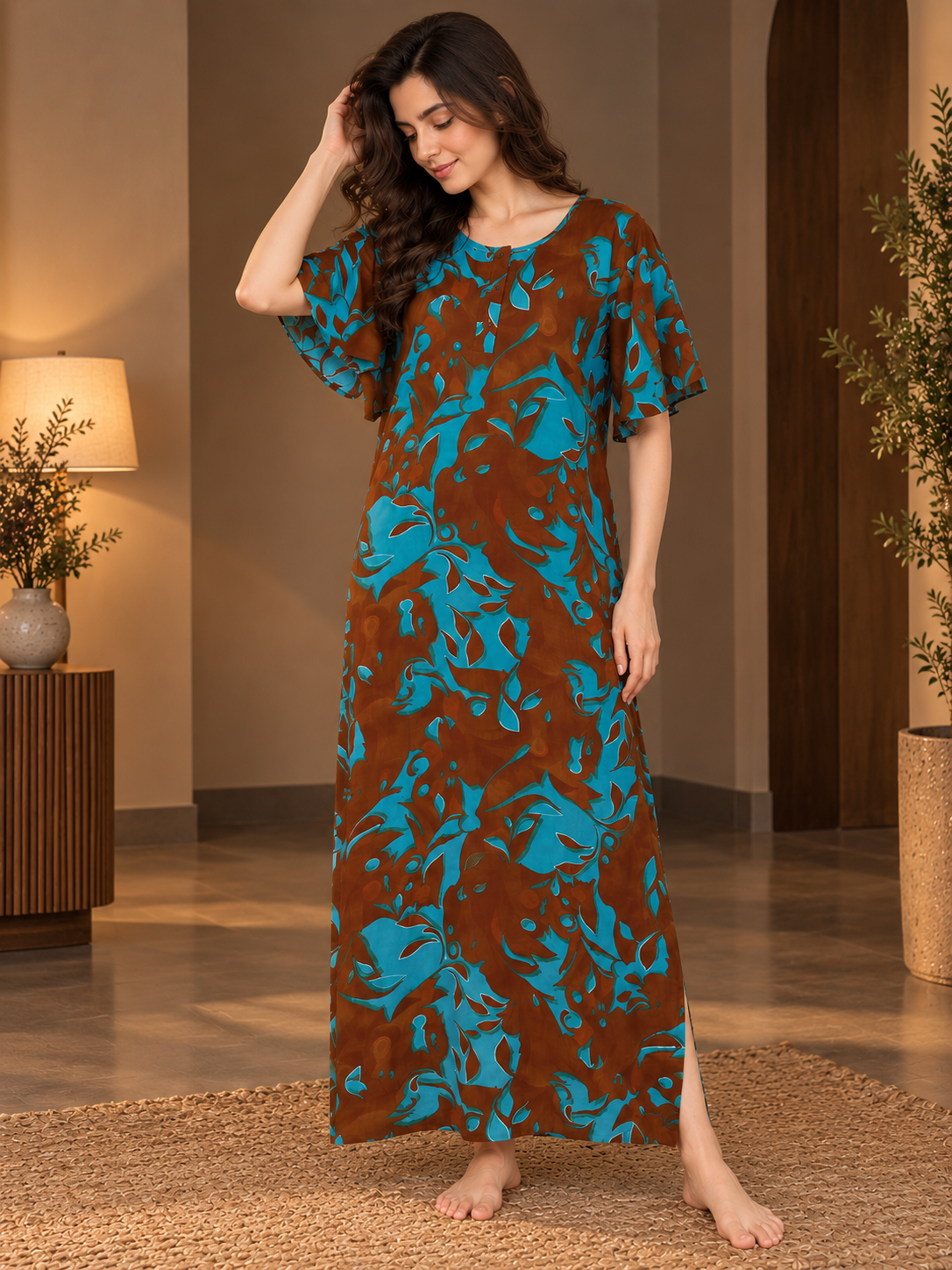 Blue Floral Print Short Sleeve Maxi Nightdress | Claura