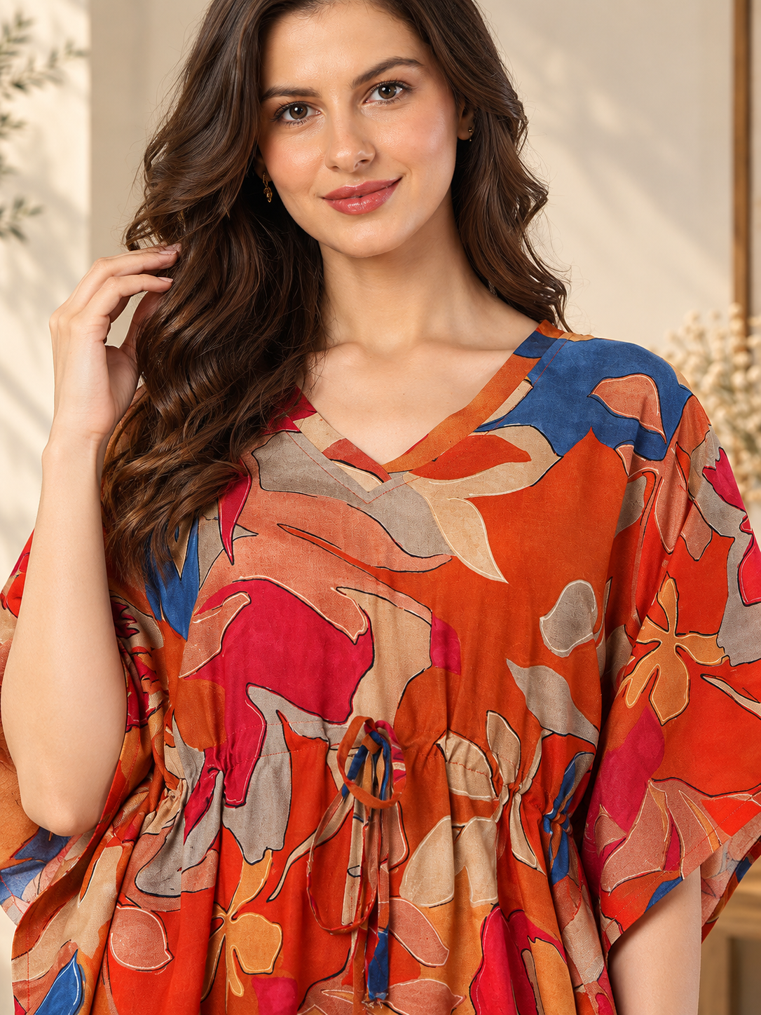 Orange Color Abstract Printed Viscose Rayon Kaftan | Claura