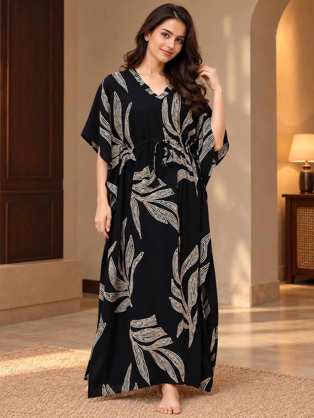 Black Floral Rayon Kaftan Dress for Women | Claura