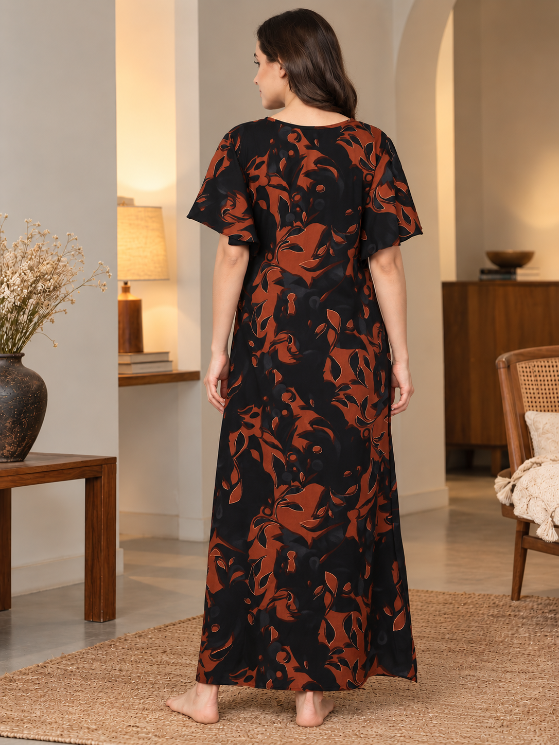 Brown Floral Print Short Sleeve Maxi Nightdress | Claura