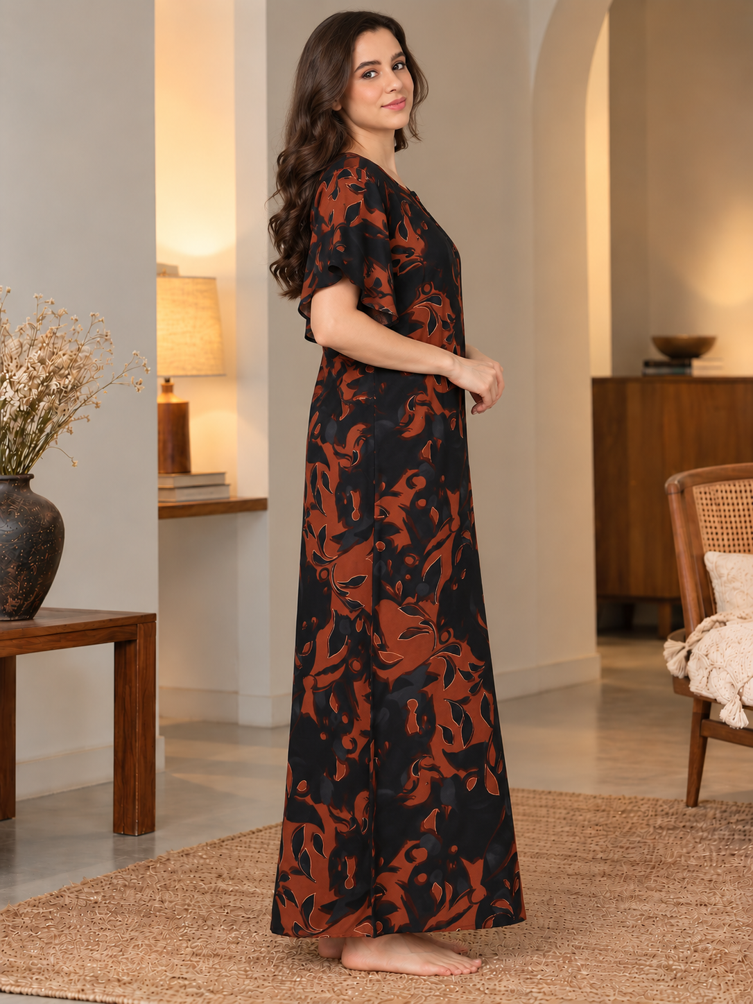 Brown Floral Print Short Sleeve Maxi Nightdress | Claura