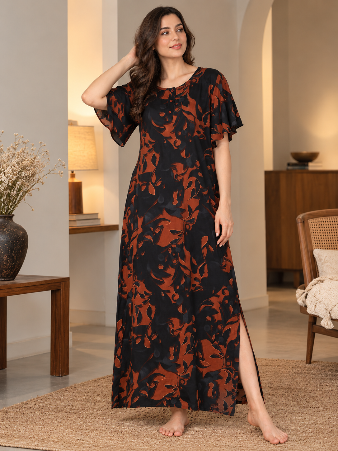 Brown Floral Print Short Sleeve Maxi Nightdress | Claura