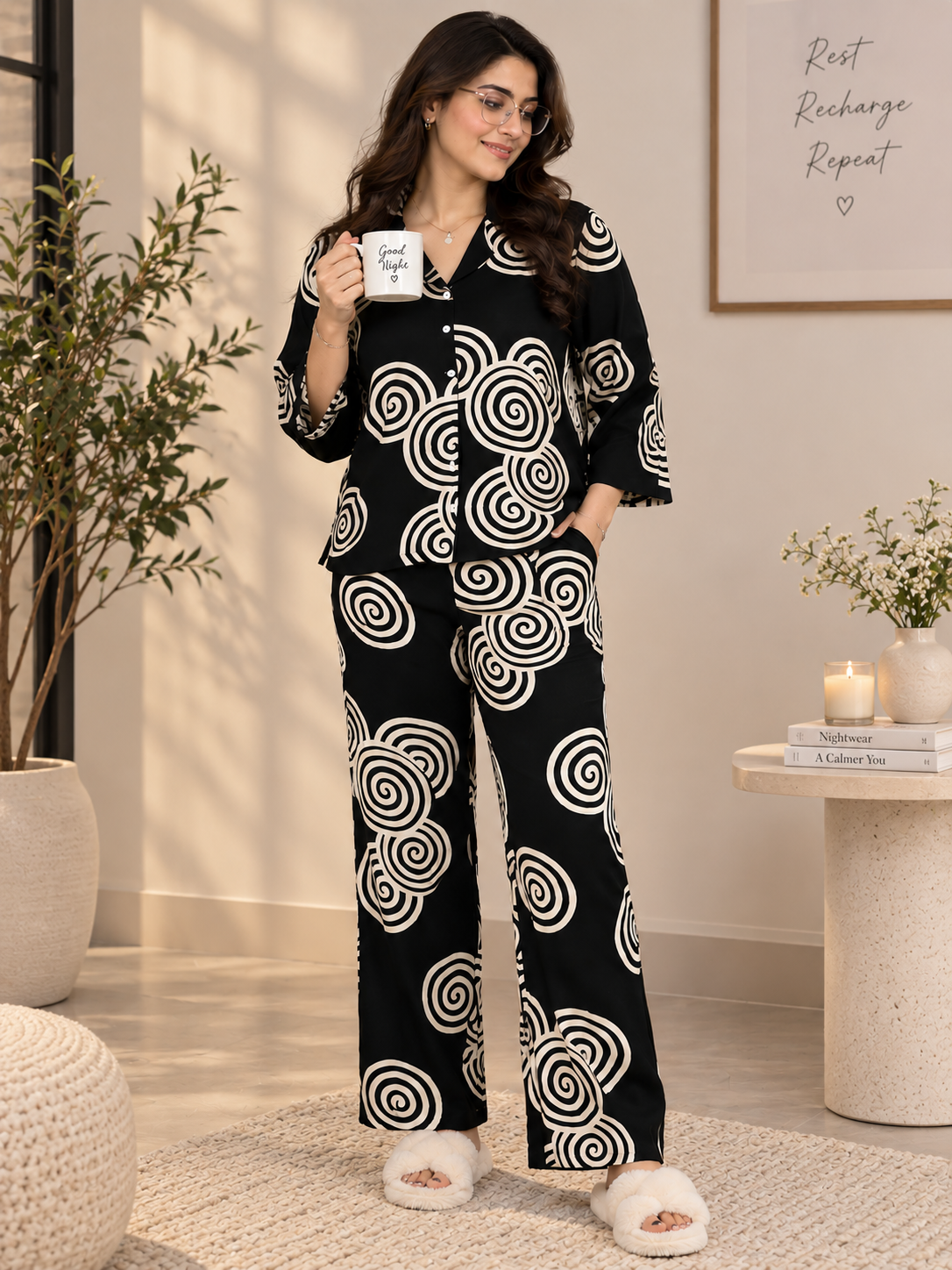 Black Swirl Printed Night Suit with Classic Lapel Collar For Women | Claura