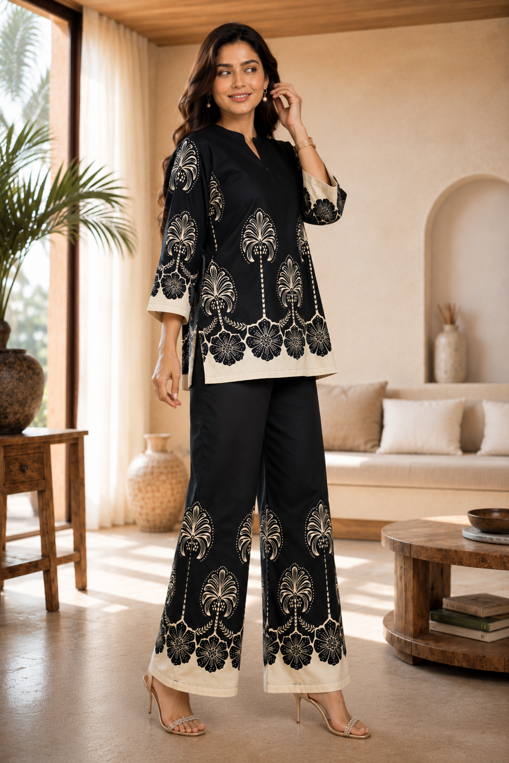 Black & Cream Floral  Printed Mandarin Collar Co-Ord Set | Claura
