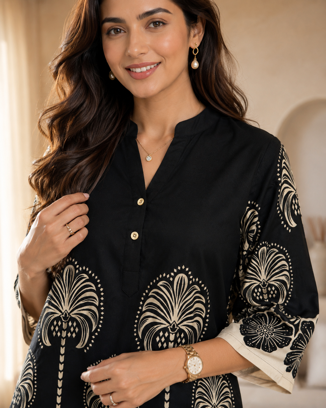 Black & Cream Floral  Printed Mandarin Collar Co-Ord Set | Claura