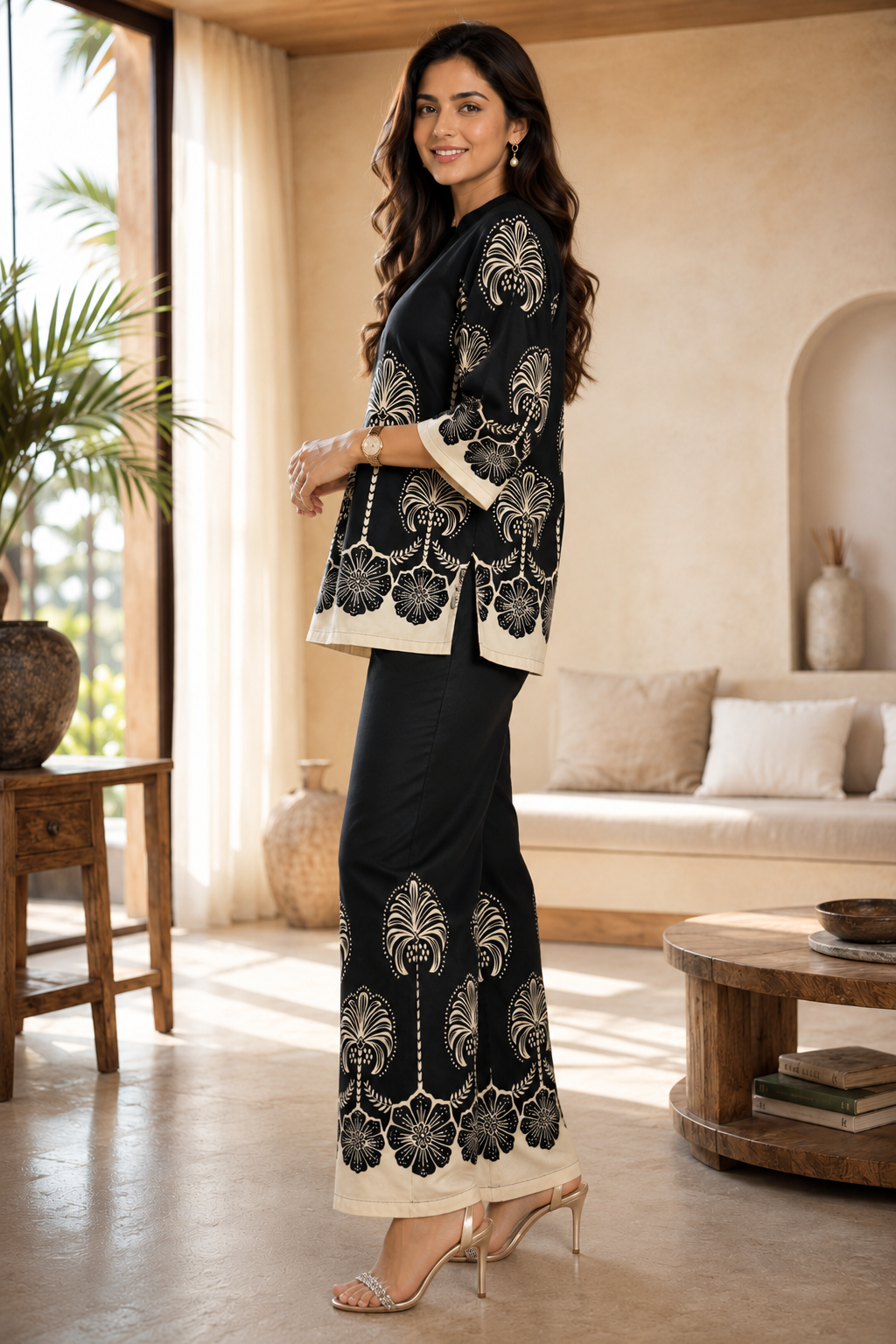 Black & Cream Floral  Printed Mandarin Collar Co-Ord Set | Claura
