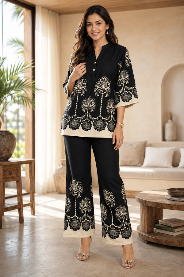 Black & Cream Floral  Printed Mandarin Collar Co-Ord Set | Claura