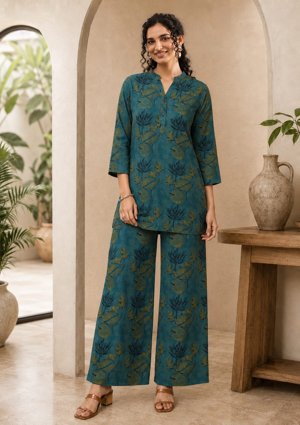 Teal Green Cotton Printed Tunic with Palazzos Co-Ord Set | Claura