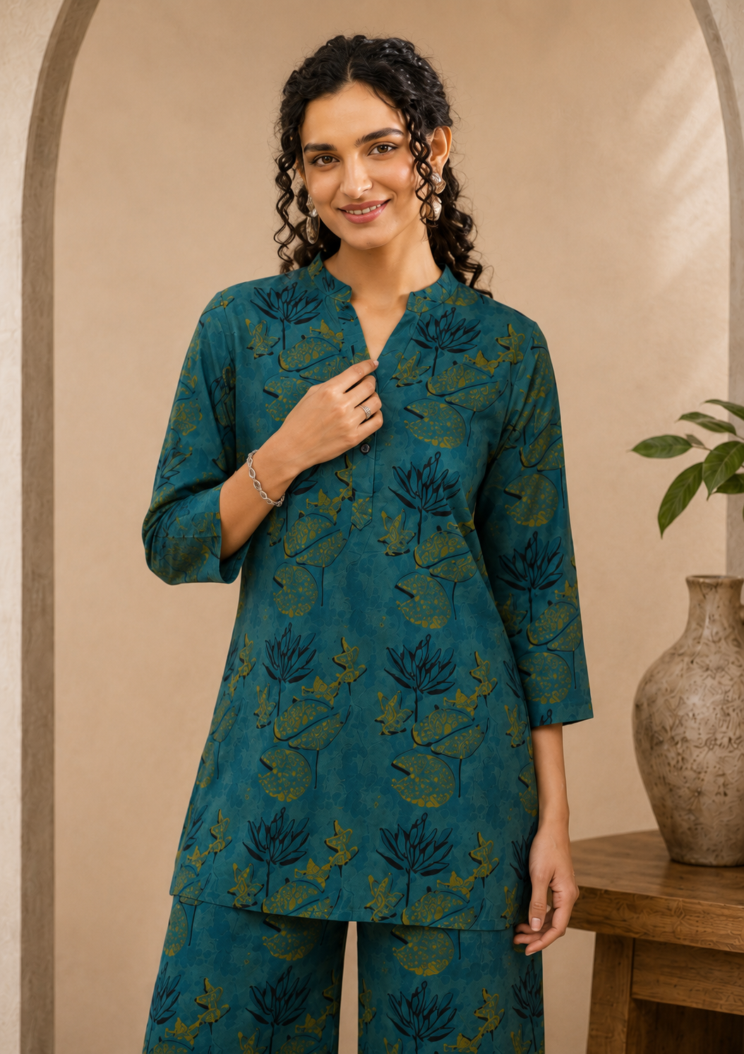 Teal Green Cotton Printed Tunic with Palazzos Co-Ord Set | Claura