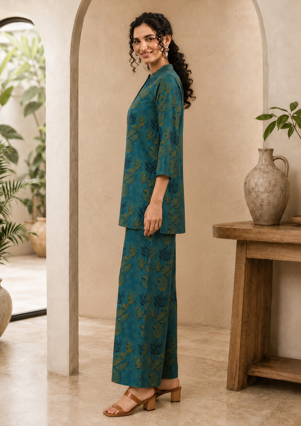 Teal Green Cotton Printed Tunic with Palazzos Co-Ord Set | Claura