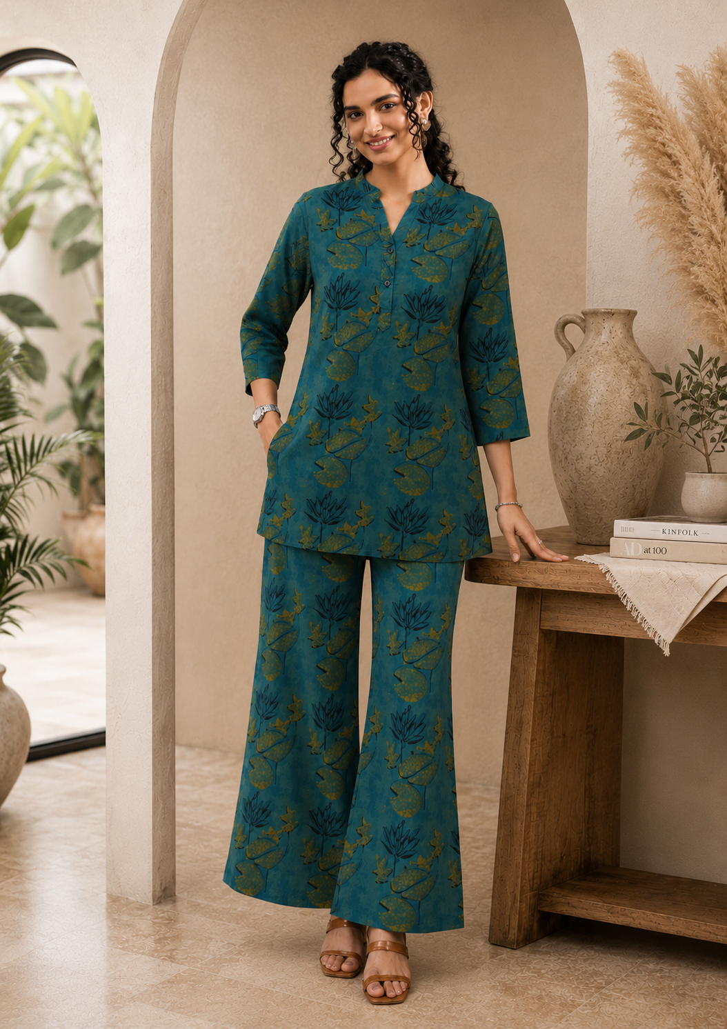 Teal Green Cotton Printed Tunic with Palazzos Co-Ord Set | Claura