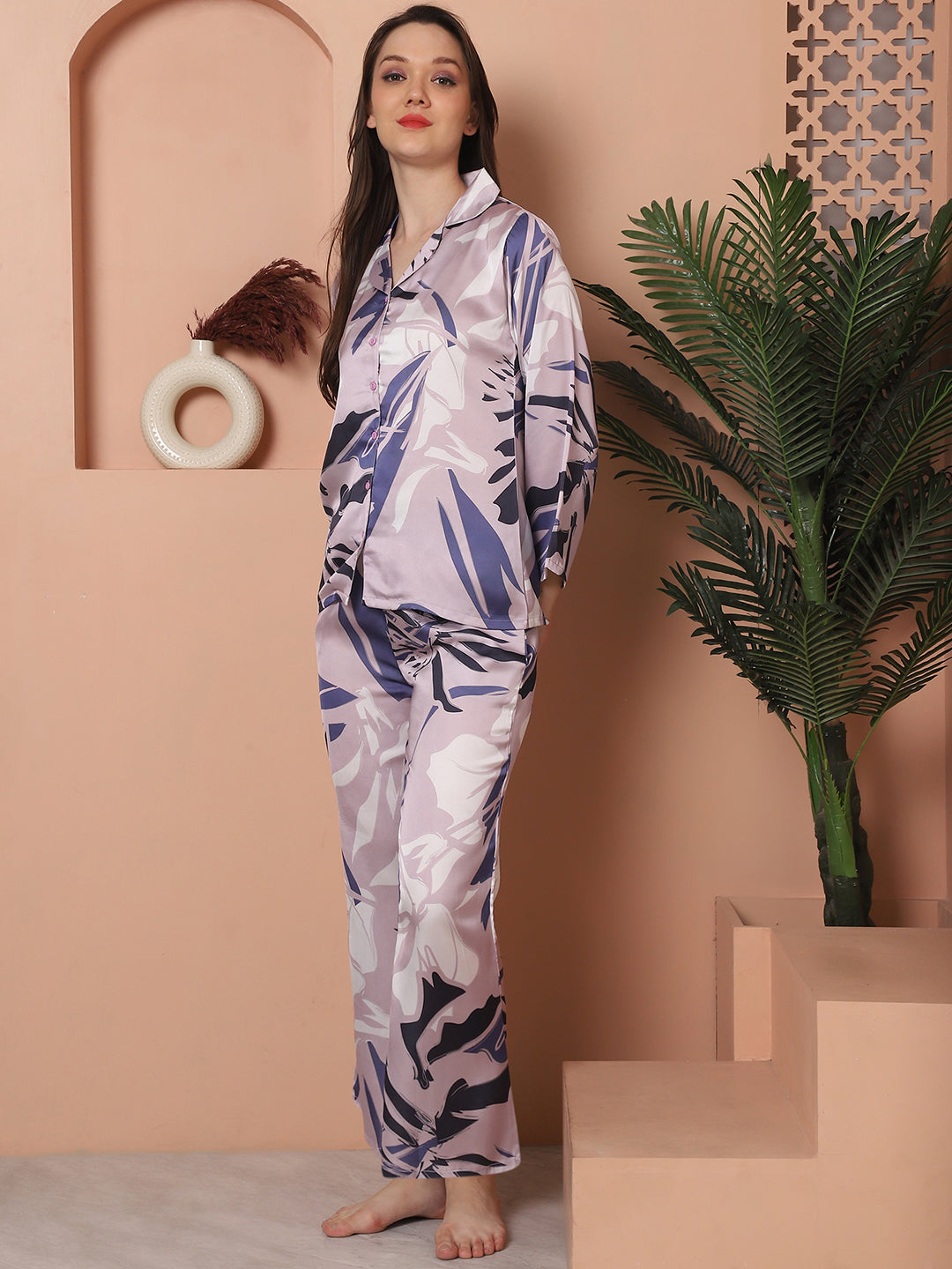 Mauve Colour Floral Printed Satin Night Suit