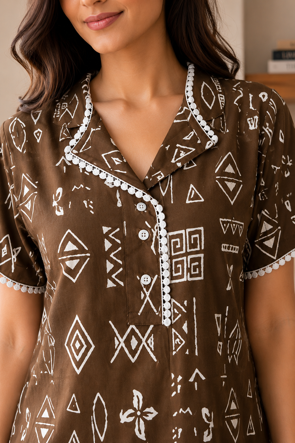 Brown Geometric Printed Cotton Maxi Nightdress | Claura