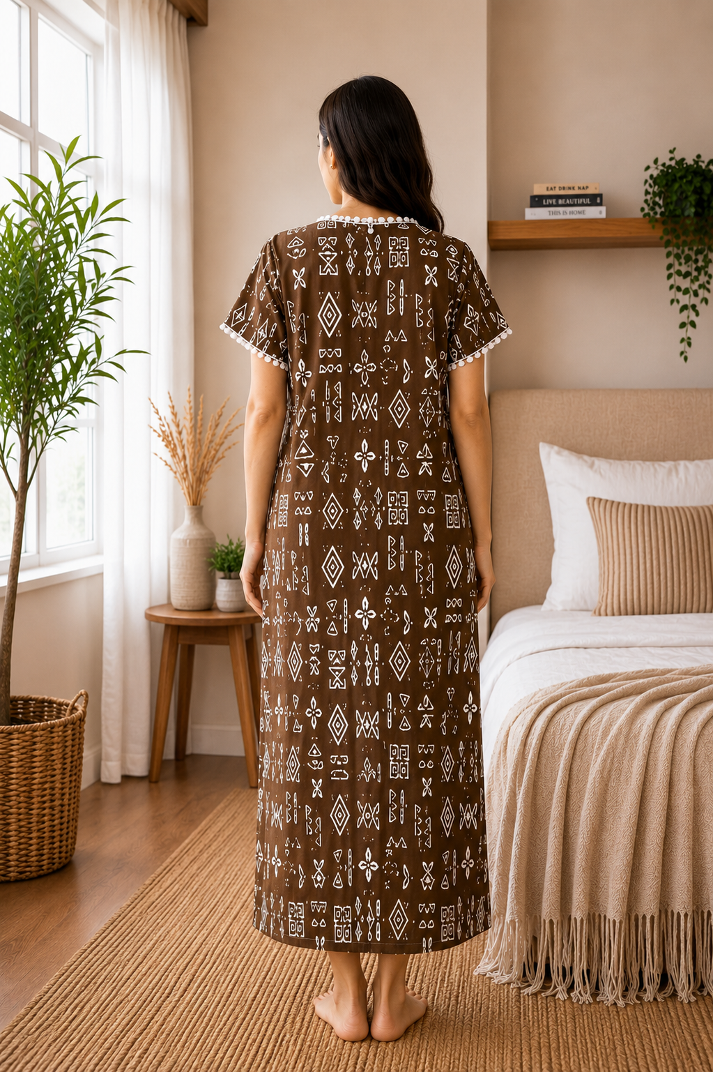 Brown Geometric Printed Cotton Maxi Nightdress | Claura