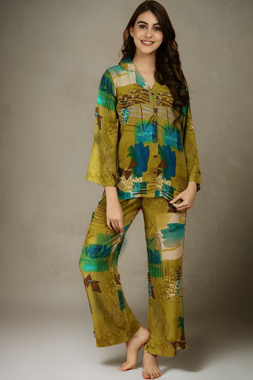 Green Color Abstract Printed Viscose Rayon Shirt With Pyjamas Night suit