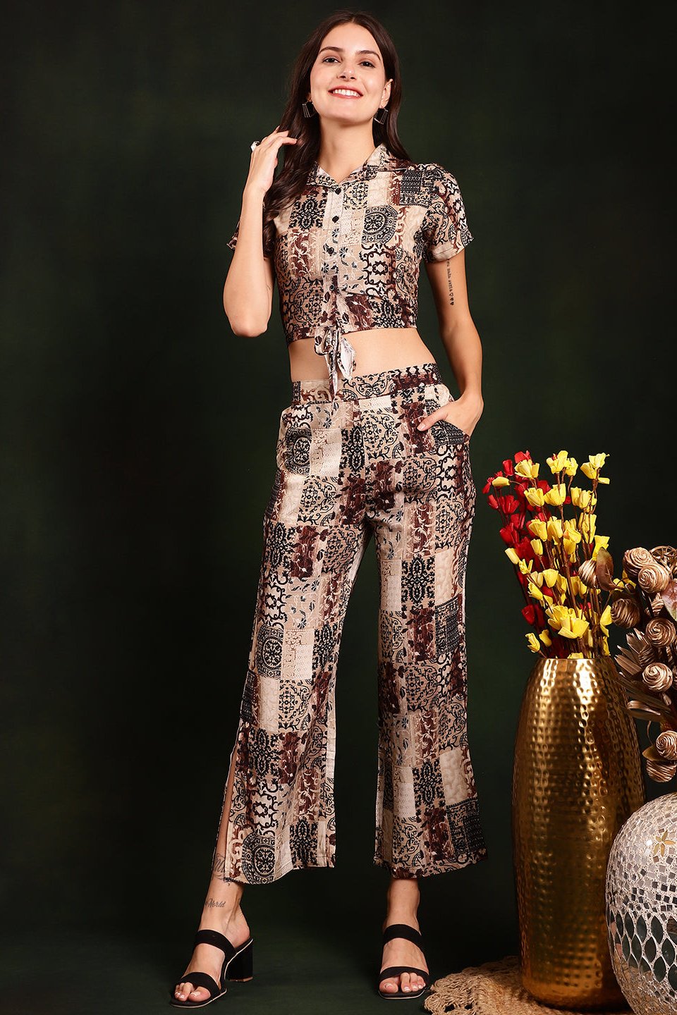 Brown Color Motif Printed Viscose Rayon Co-ord Set