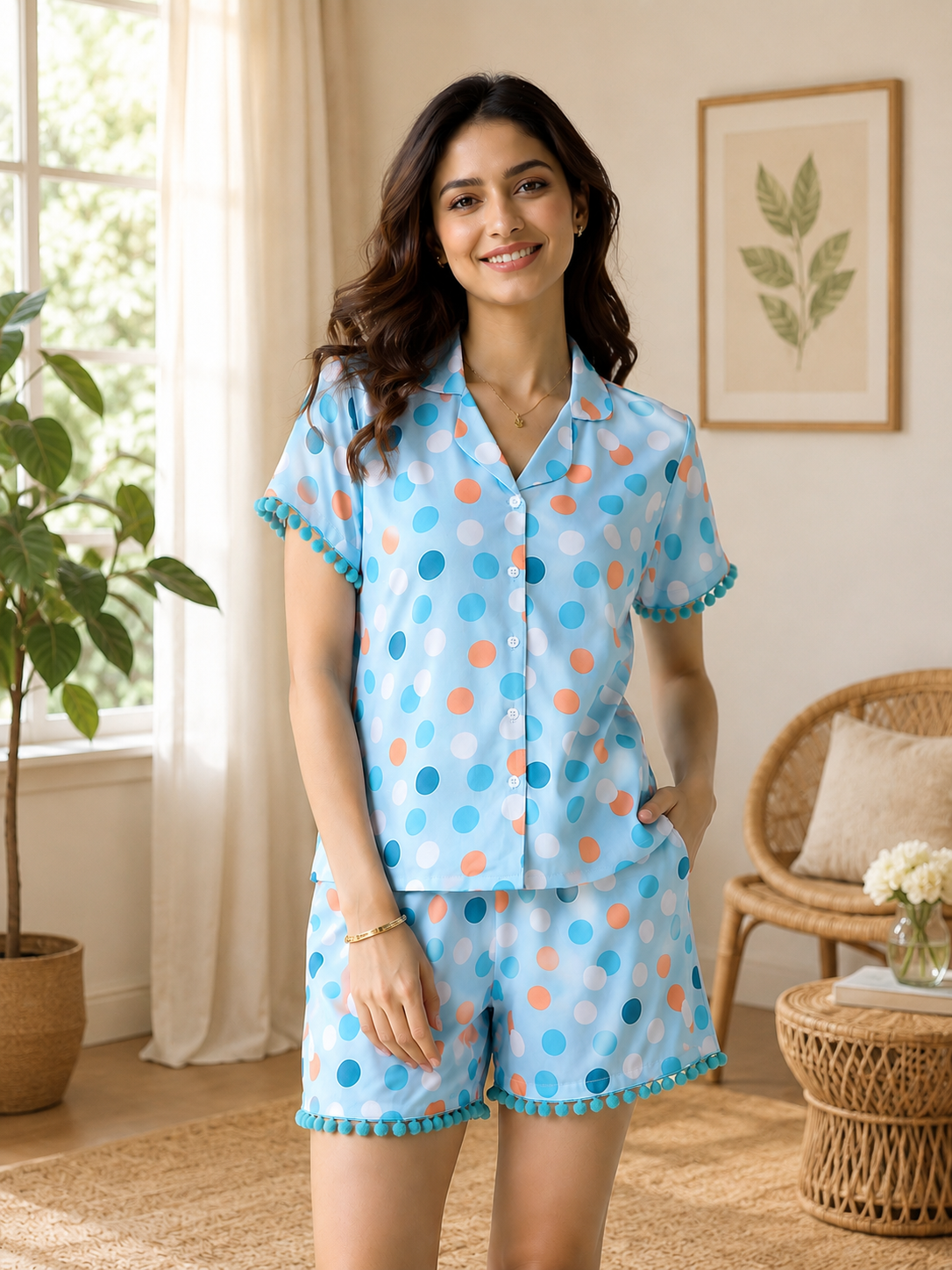 Sky Blue Cotton Polka Dot Printed Night Suit for Women | Claura