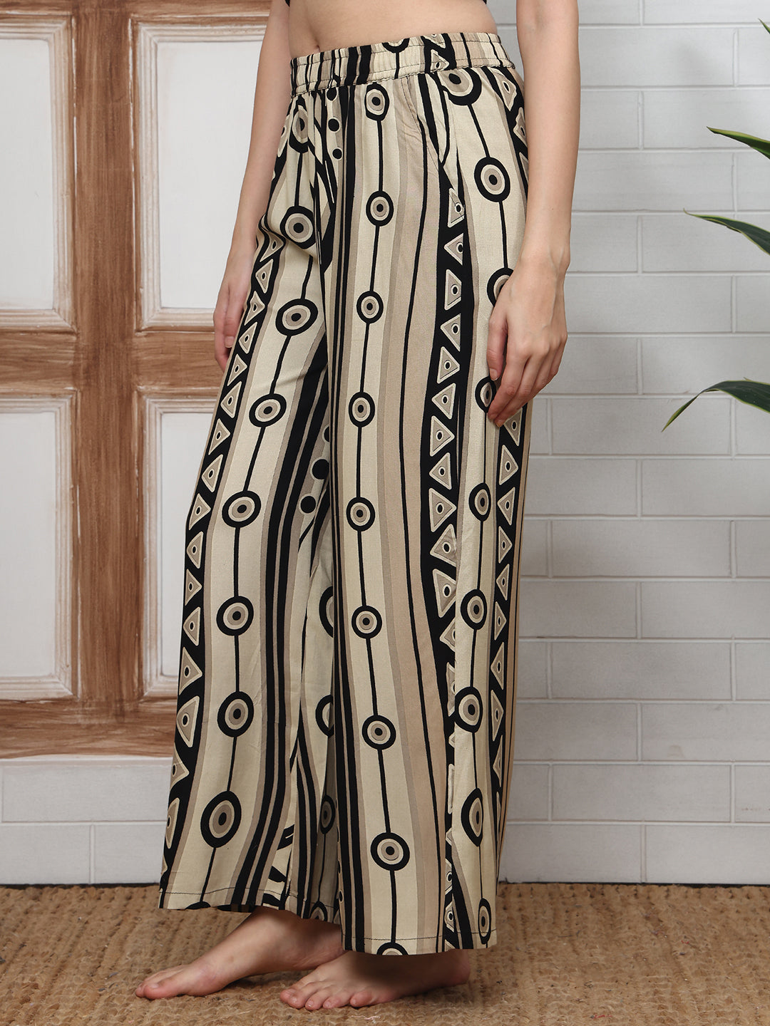 Cream Abstract Printed Viscose Rayon Lounge Pants for Women | Claura