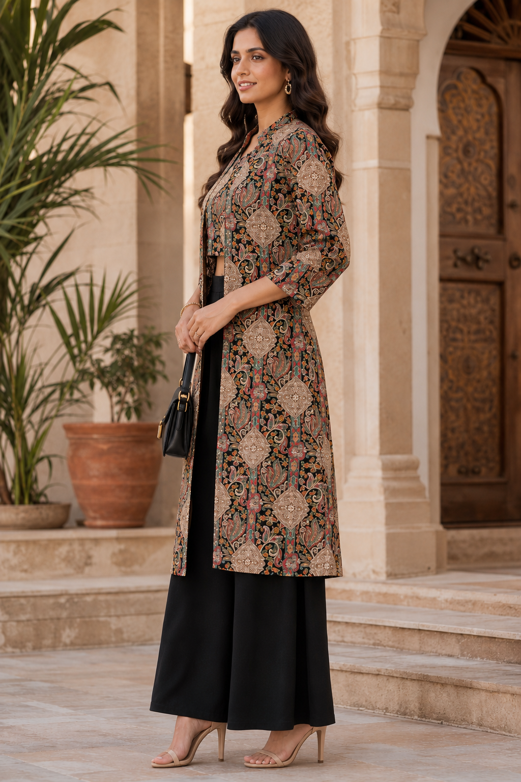 Black Abstract Viscose Rayon Mandarin Collar Co-Ord Set