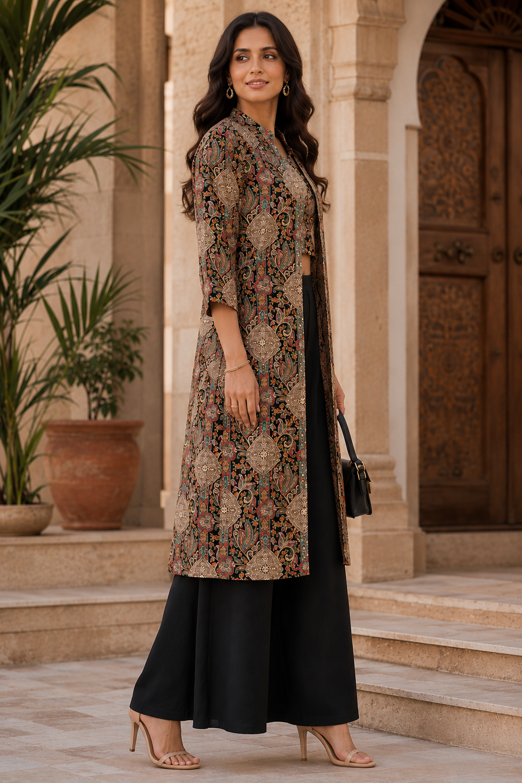 Black Abstract Viscose Rayon Mandarin Collar Co-Ord Set