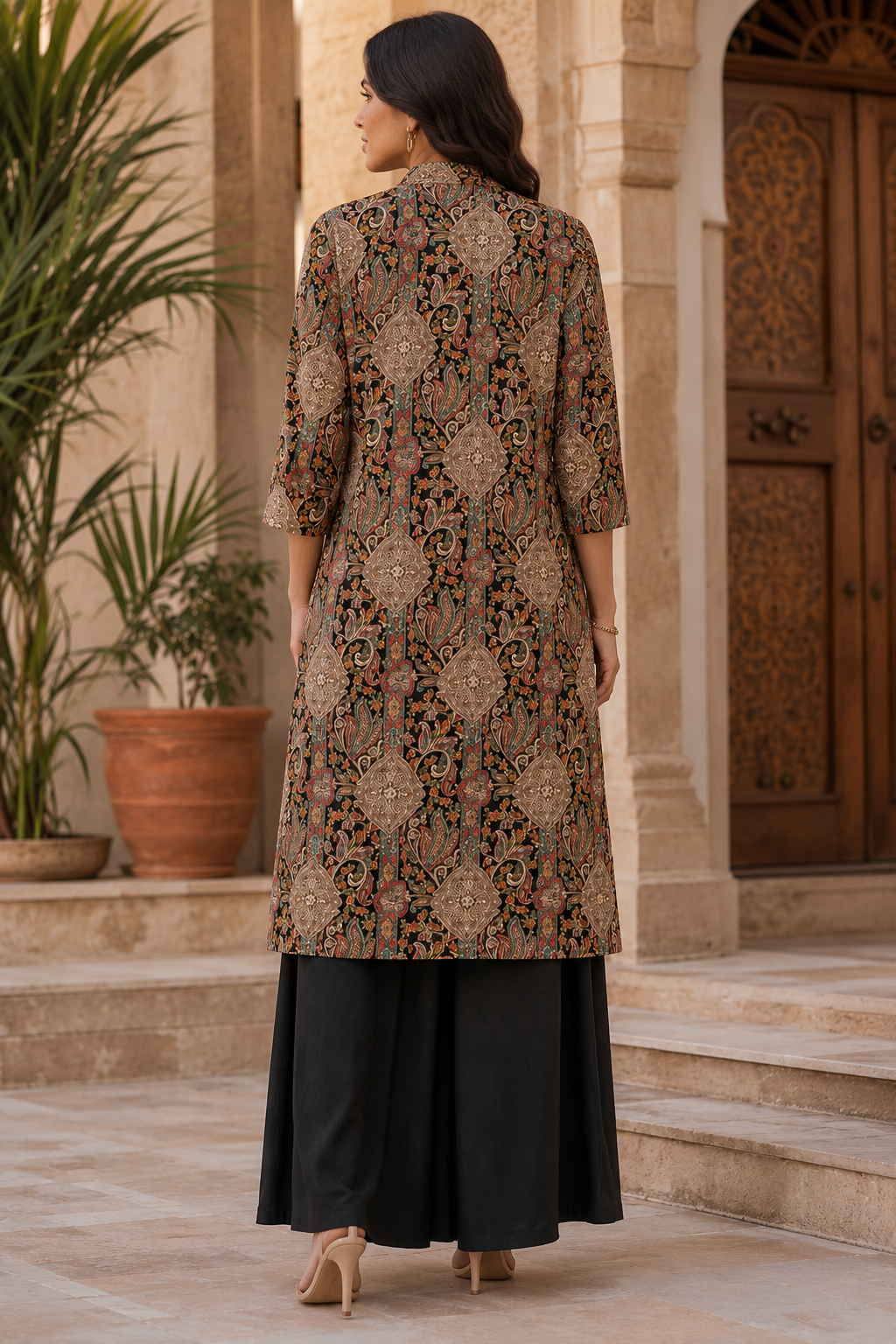 Black Abstract Viscose Rayon Mandarin Collar Co-Ord Set