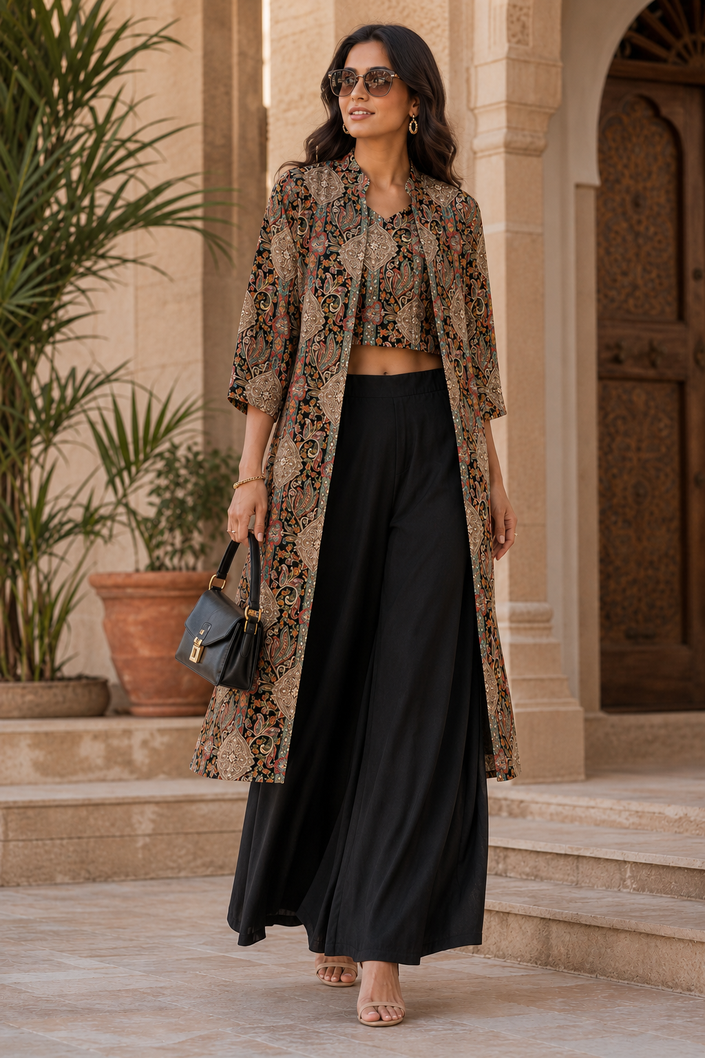 Black Abstract Viscose Rayon Mandarin Collar Co-Ord Set
