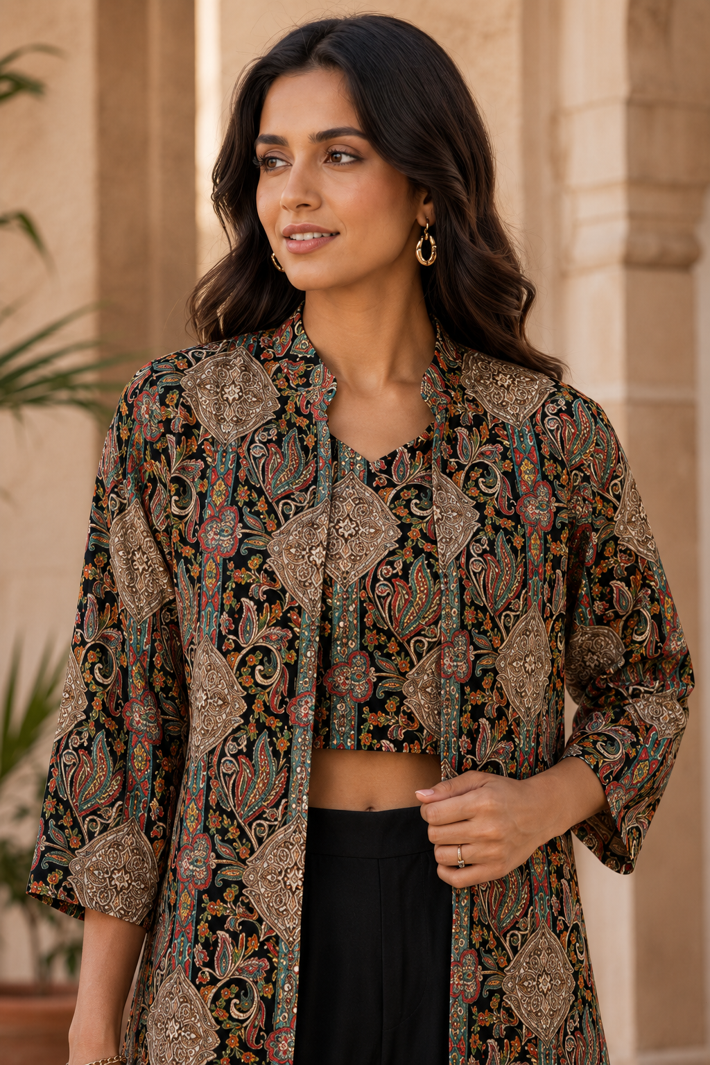 Black Abstract Viscose Rayon Mandarin Collar Co-Ord Set
