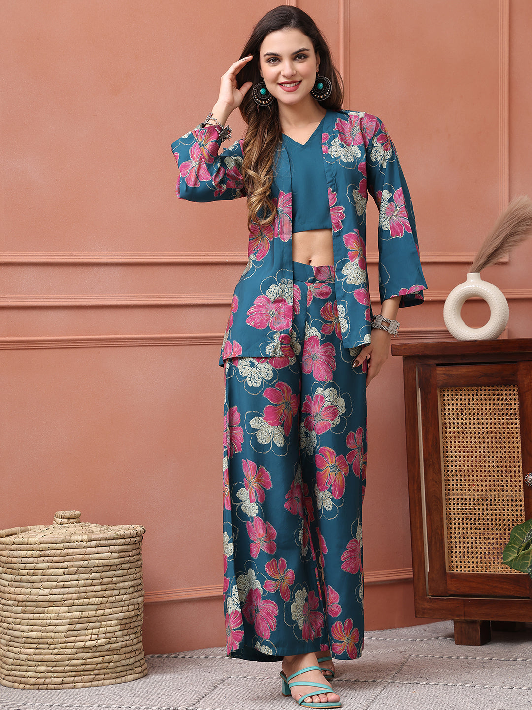 Blue Floral Printed Premium Chanderi Co-Ord Set for Women | Claura

