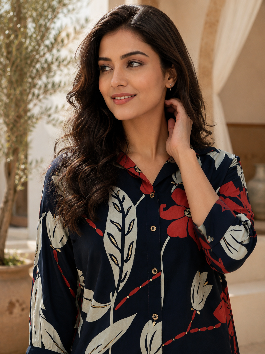 Co-Ord Set - Navy Blue Floral Print Two-Piece Set for Women