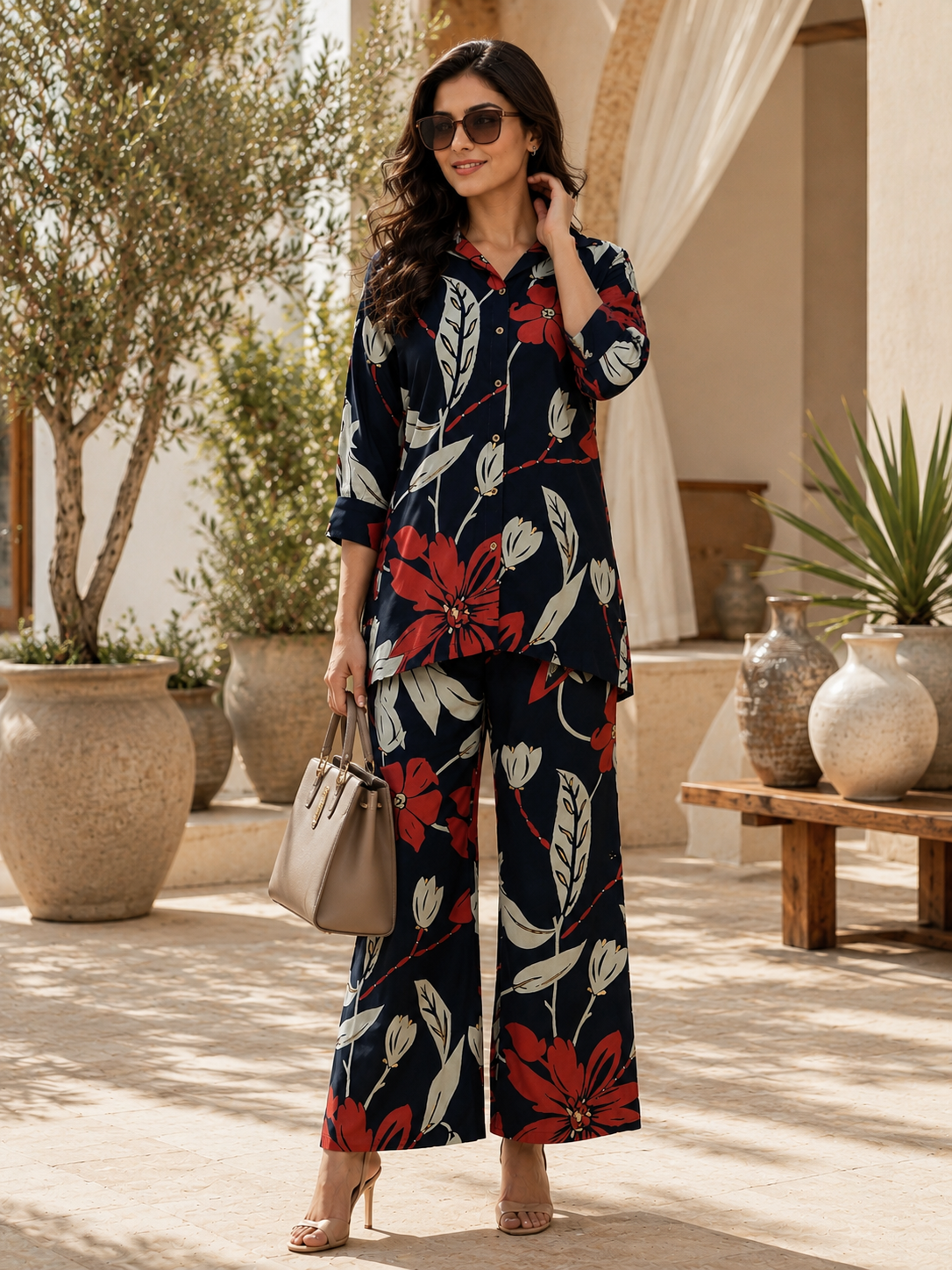 Co-Ord Set - Navy Blue Floral Print Two-Piece Set for Women