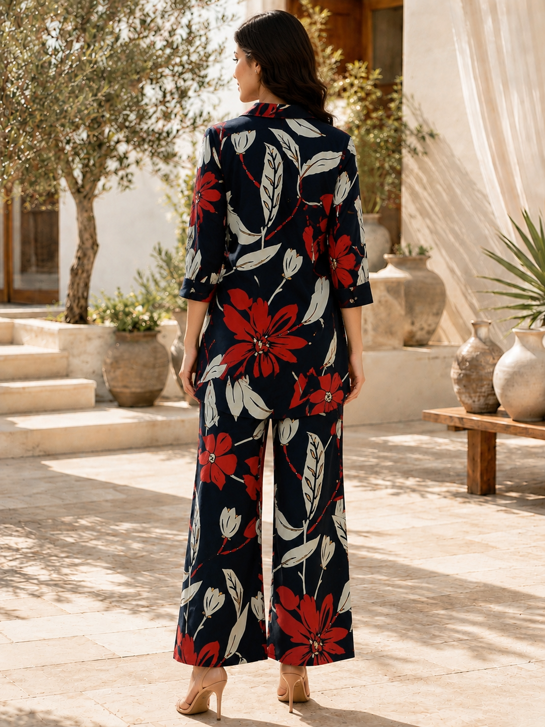 Co-Ord Set - Navy Blue Floral Print Two-Piece Set for Women