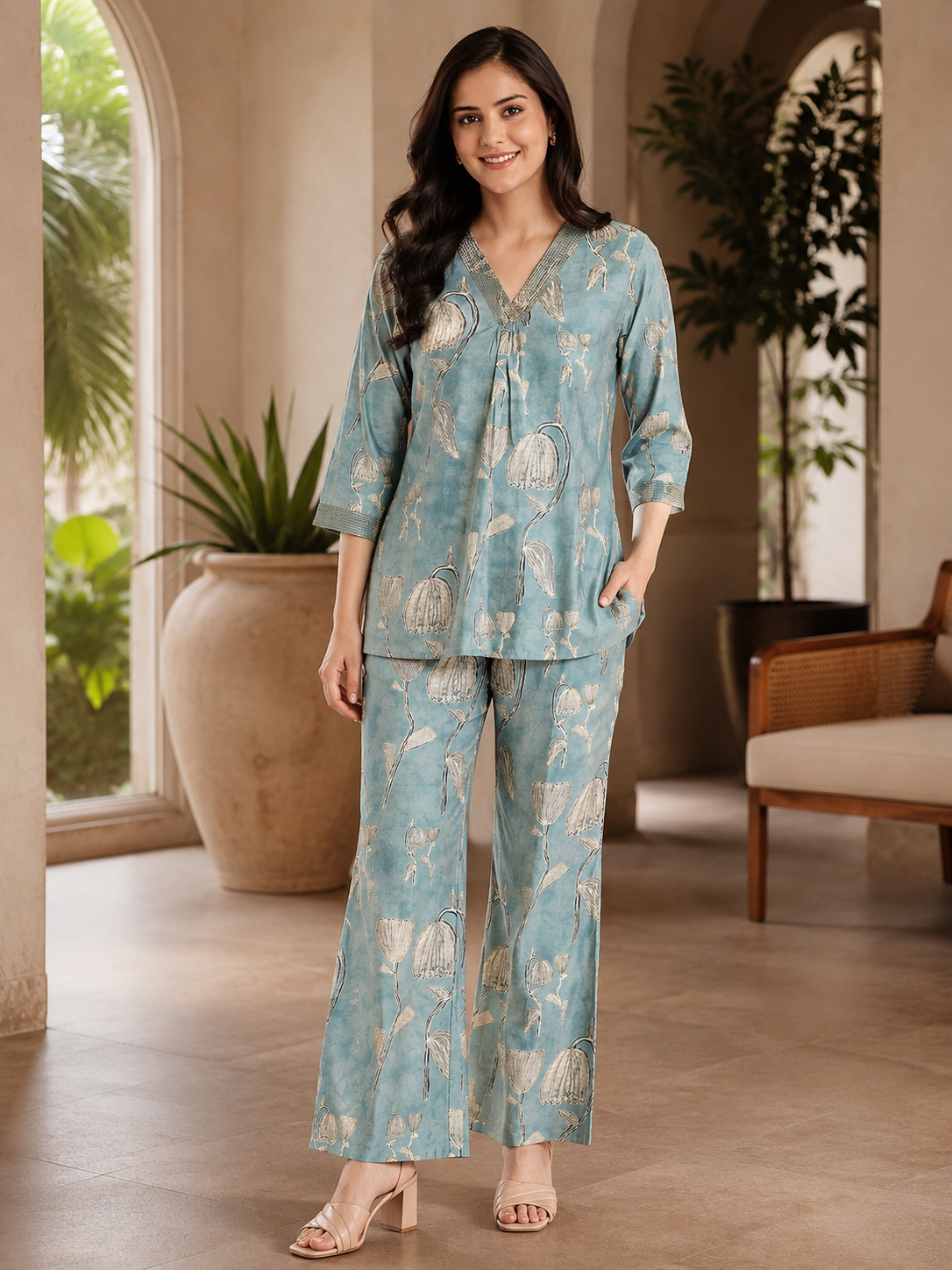 Blue Floral Chanderi Silk V-Neck Co-Ord Set for Women