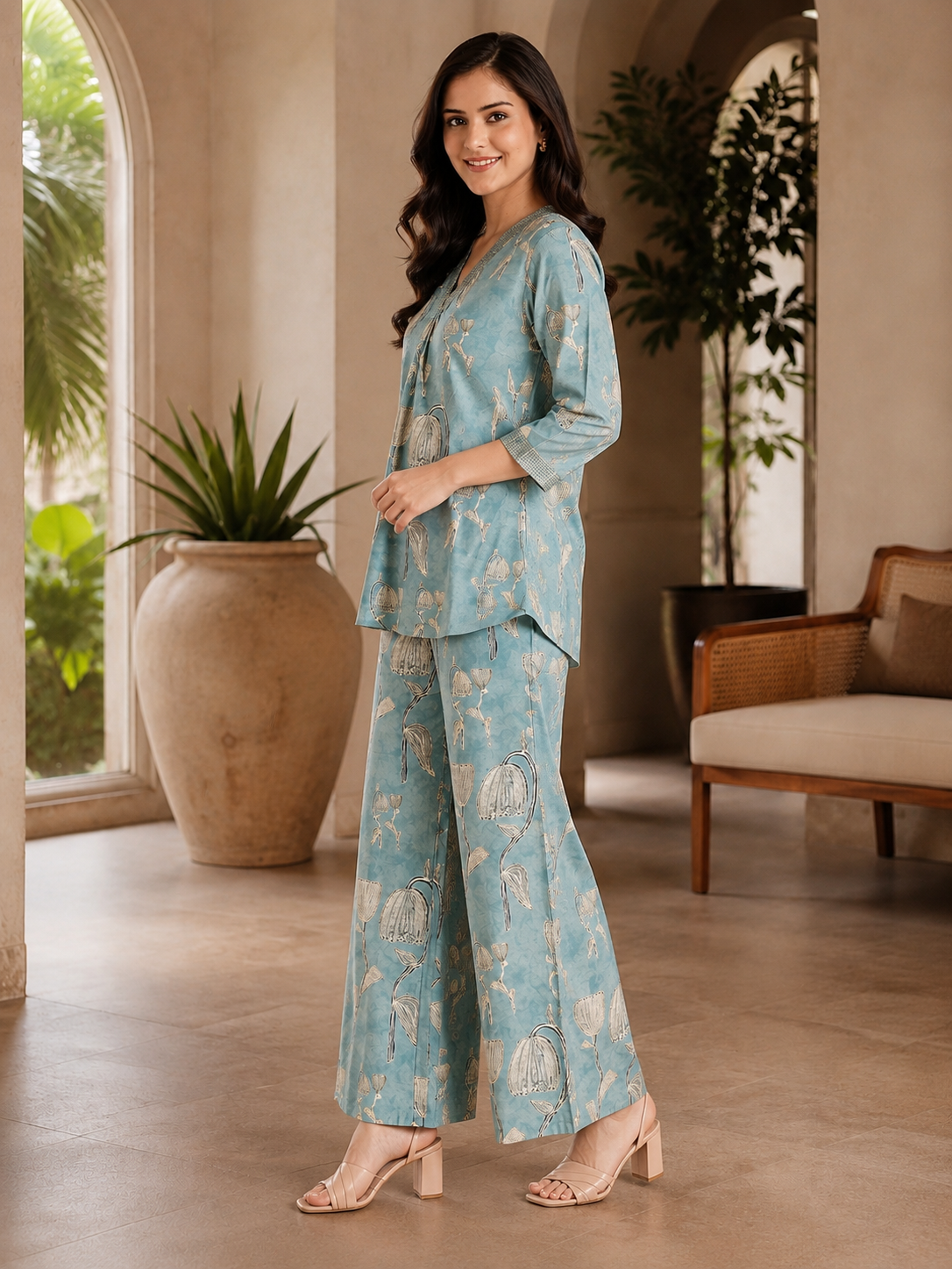 Blue Floral Chanderi Silk V-Neck Co-Ord Set for Women