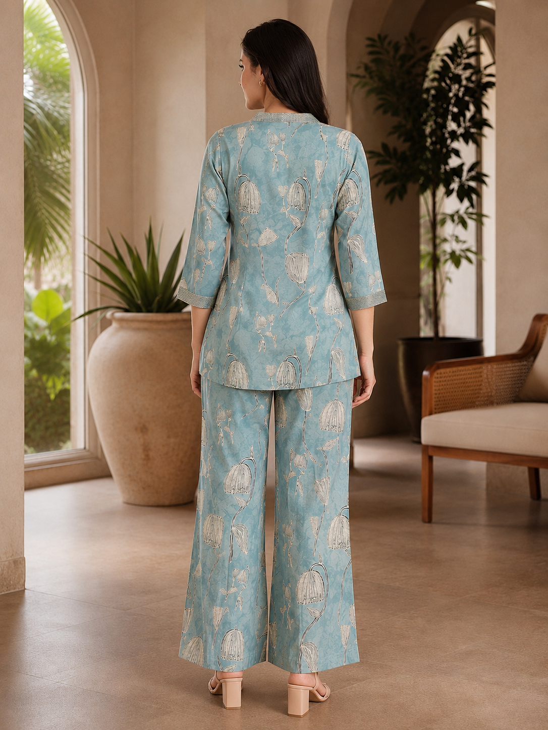 Blue Floral Chanderi Silk V-Neck Co-Ord Set for Women