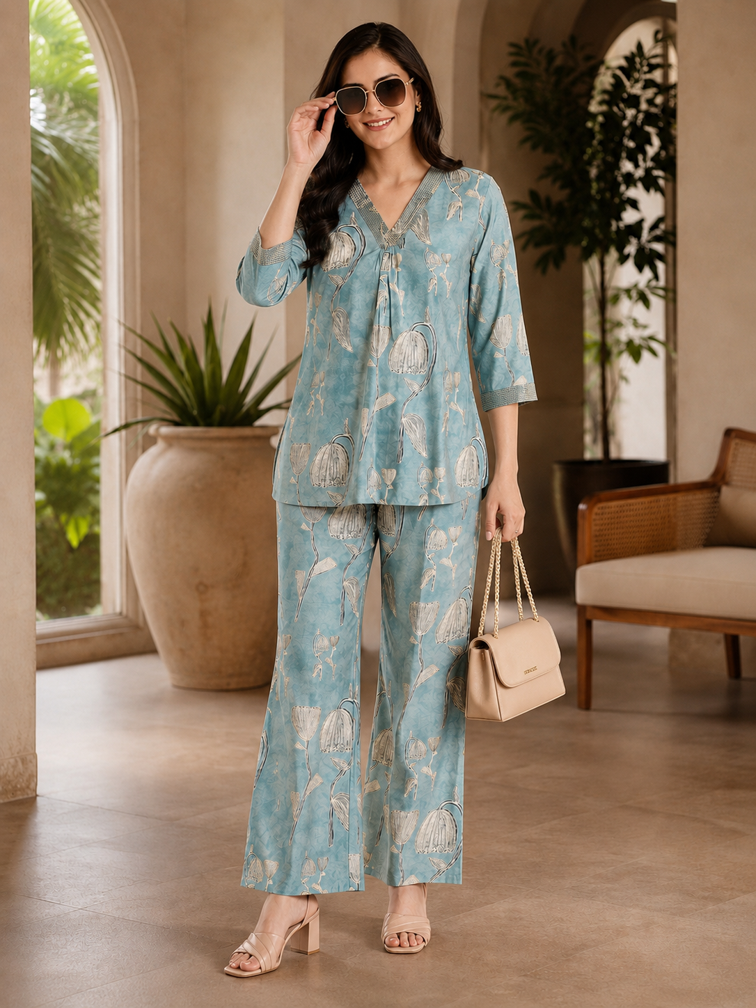 Blue Floral Chanderi Silk V-Neck Co-Ord Set for Women