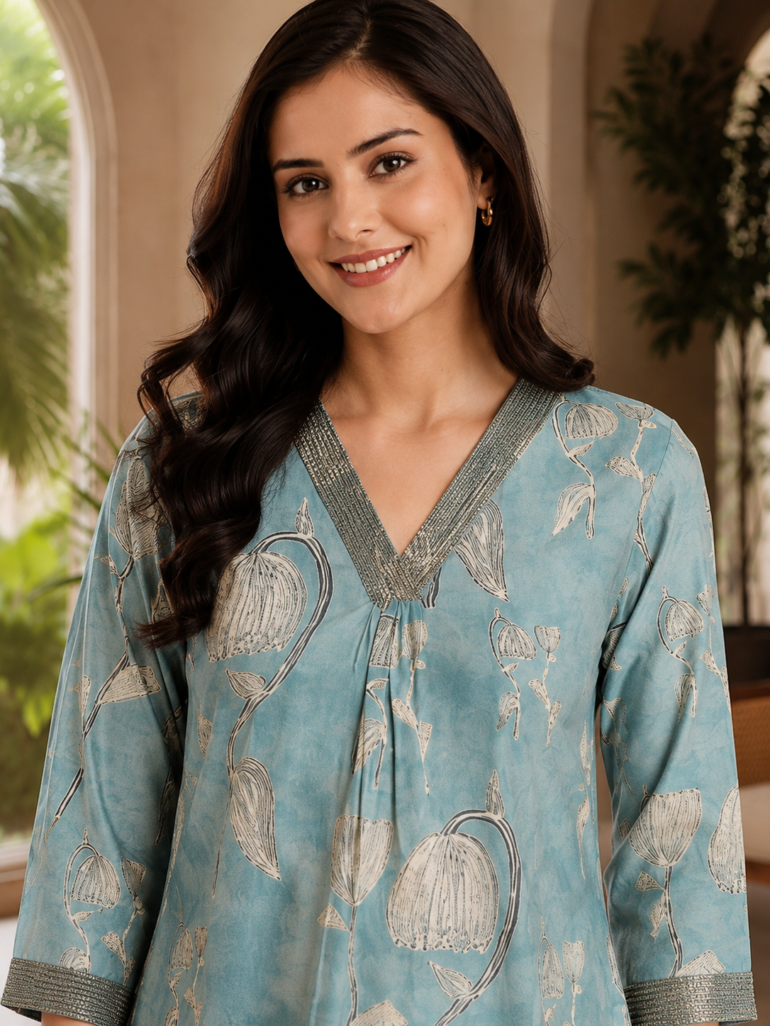 Blue Floral Chanderi Silk V-Neck Co-Ord Set for Women
