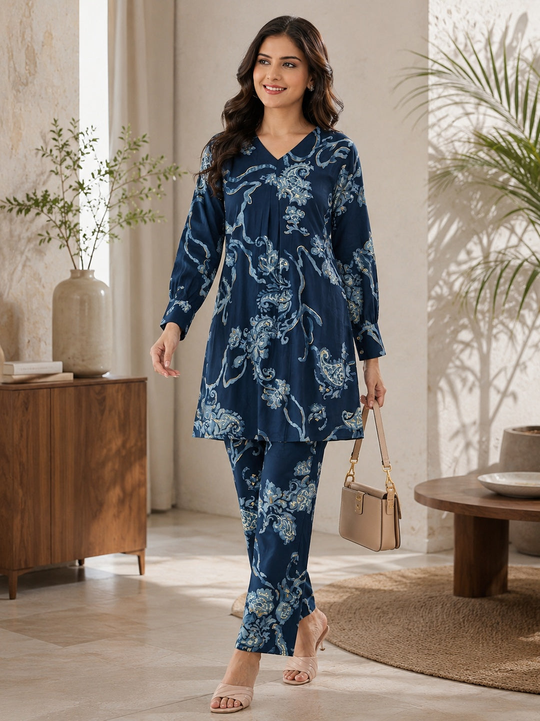 Navy Blue Floral Print Co-Ord Set Casual Wear for Women