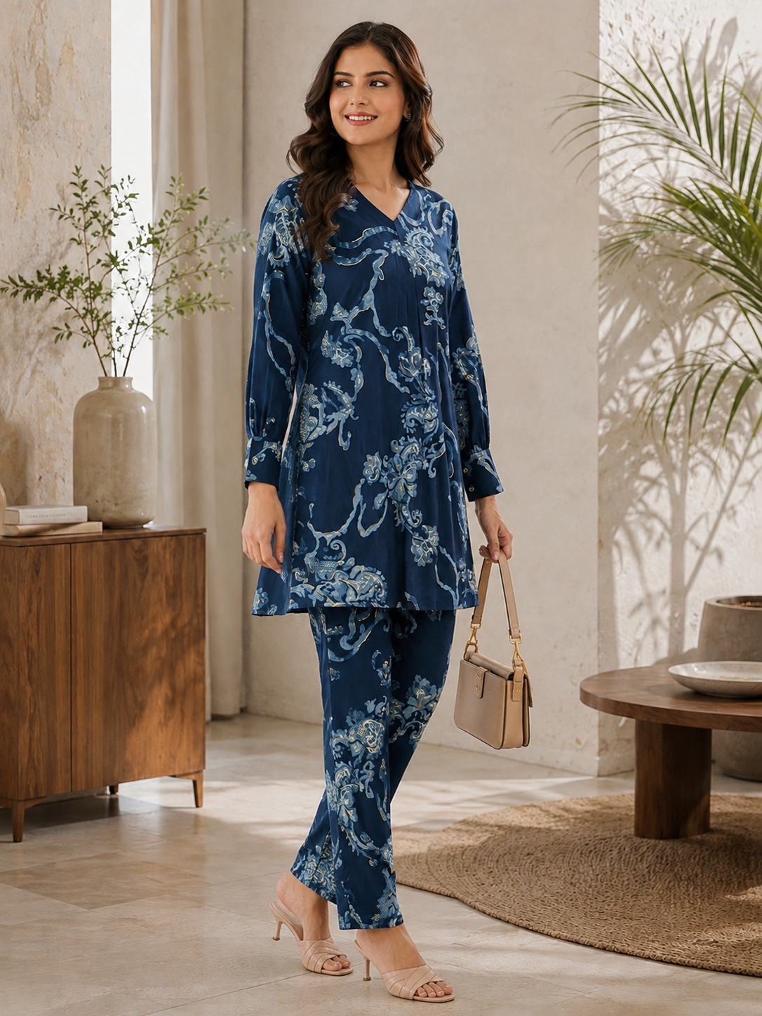 Navy Blue Floral Print Co-Ord Set Casual Wear for Women