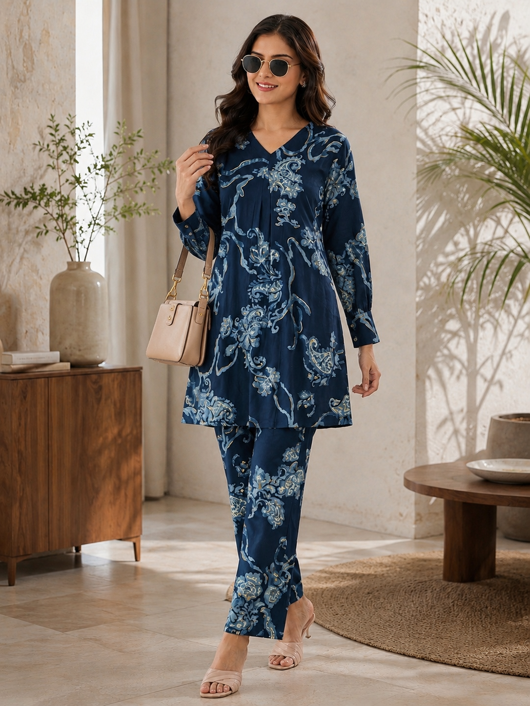 Navy Blue Floral Print Co-Ord Set Casual Wear for Women