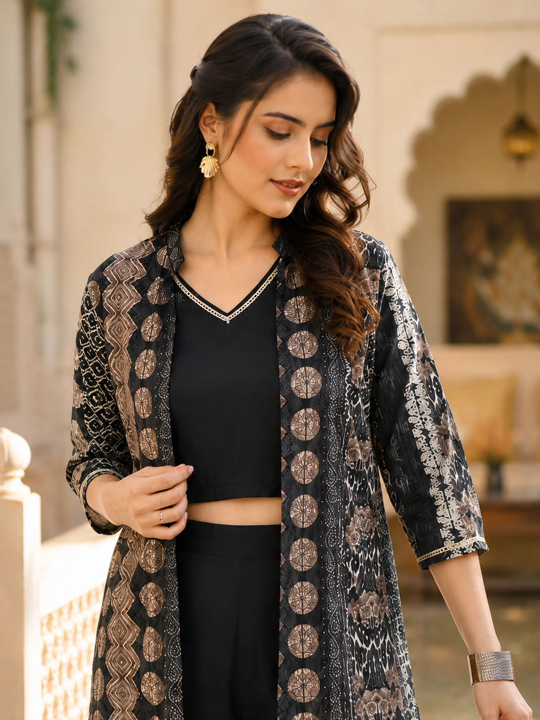Black Printed 3-Piece Chanderi Silk Co-Ord Set for Women